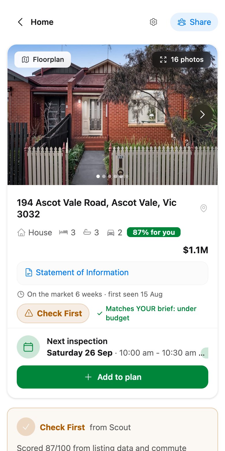 A Vettd property page for a house in Ascot Vale, scored 87% for the buyer, with what to check first and the next inspection time.